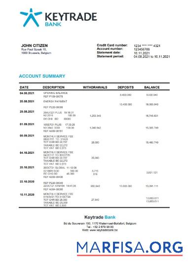 Blank Belgium Keytrade bank statement word template